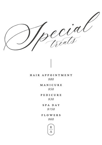 Special Reimbursement Opportunities: Hair Appointment - $80, Manicure - $50, Pedicure - $30, Spa Day - $150, Flowers - $60