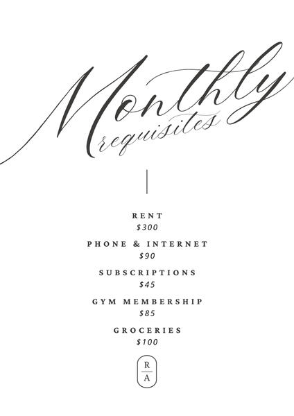 Monthly Reimbursement Opportunities: Rent - $300, Phone & Internet - $90, Subscriptions - $45, Gym Membership - $85, Groceries - $100